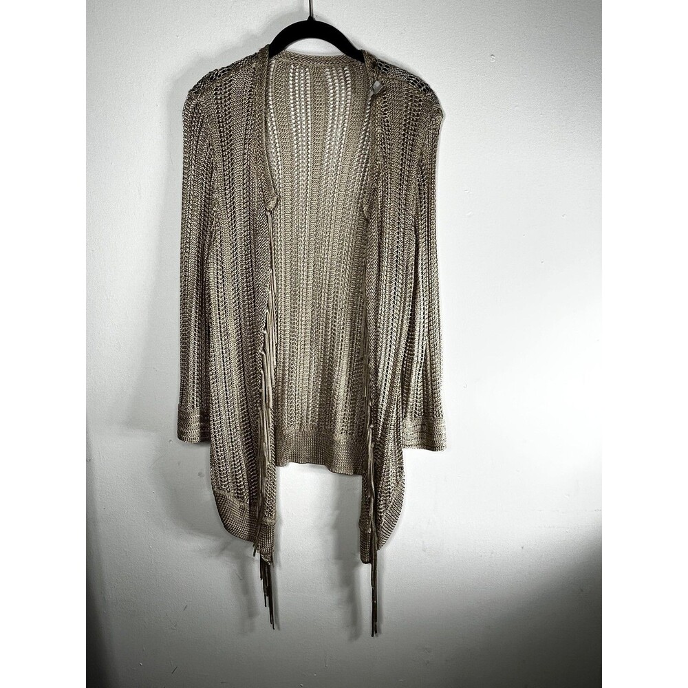 Chico's Sweater Cardigan Womens 2 L Gold Open Knit Tassel Fringe Belted
